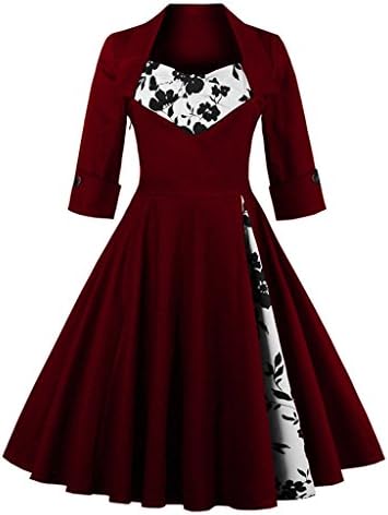 Oriention Womens 3/4 Sleeve Vintage 1950's Inspired Button Swing Evening Dress Rockabilly Pinup Bridesmaid Cocktail Gowns Ball Gown Party Dress Wine/Floral 20