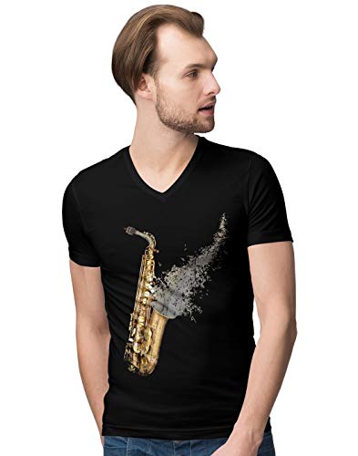 BLAK TEE Homme Flying Musical Notes Saxophone V-Neck T-Shirt XL