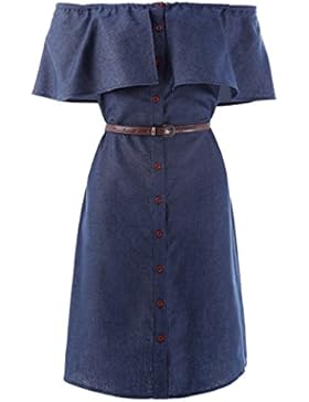Kate Kasin Damen Sommer Rockabilly Kleid Schulterfrei Kleid Denim Hemd Kleid Casual Kurzes Kleid MY501