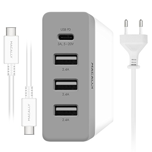 Macally HOME72UCWC-EU 72 Watt 1 Port USB-C- und 3 Port USB-A-Ladegerät für 12-inch MacBook, MacBook Pro (USB-C) und Mobilgeräte mit USB-C- und USB-A-Anschluss (2 Stift-Eurostecker) – Inklusive USB-C Kabel - 5