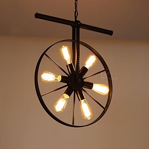 Crayom Vintage Lamp Industrial Iron Chandelier(E14 Light Source,Adjustable Chain),Creativity Round Wheels Restaurant Pendant Lamp Kitchen Island Farmhouse Bar Ceiling Light ( Color : Black )