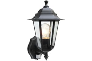 POWERMASTER Outdoor 6 Sided Black Wall Lantern Security Light Complete With PIR Motion Se...