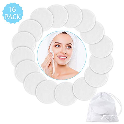 Makeup Remover Pads - 16 Pack Reusable Soft Bamboo Cotton Pads Rounds With Laundry Bag For Cleansing Face Applying Toner (White)