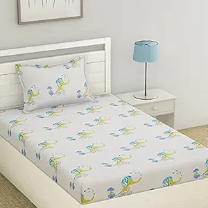 haus & kinder Elephant on The Ride 100% Cotton Single Bedsheet for Kids with 1 Pillow 186 TC (Blue)