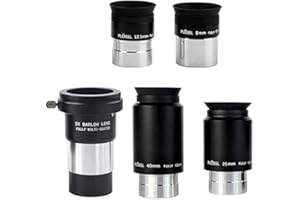 SOLOMARK telescopici Plossl da 6mm, 12,5mm, 32mm, 40 mm e 2 lenti Barlow, offrono il campo di visualizzazione più ampio e una nitidezza extra, funziona sulla maggior parte delle marche di telescopio