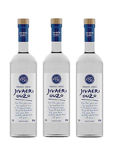3x700ml Ouzo Jivaeri Katsaros 40% im Set - griechischer Traditions Trester-Brand Anis Schnaps 3er Set + Probiersachet Olivenöl 10ml oder Frappe 2g