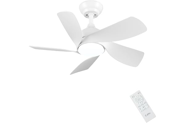 CJOY Ventilateur Plafond 76cm avec Lumières et Télécommande, Blanc Ventilateur de Plafond avec 5 Pales Réversibles, 3 Couleurs et Gradateur, 6 Vitesses, DC Réversible pour Chambre à Coucher, Salon