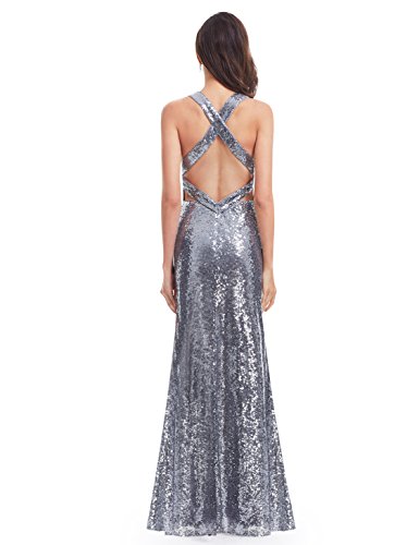 Ever Pretty Lang Pailletten Elegant Partykleid Cocktailkleid V-Halsausschnitt Abendkleid 48 Silber - 2