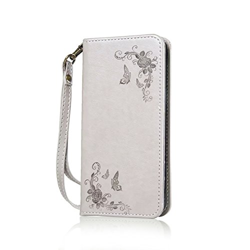 SKYXD Leder Hülle für Samsung Galaxy J3 2016 Rosen Blumen und Schmetterlings Muster,PU Folio Klappbar SchutzHülle [Brieftasche Kartenfach / Magnet / Standfunktion / Trageschlaufe] KlappHülle für mit [Koala Handyanhänger + Eingabestift] 3 in 1 Zubehör Set Handy Tasche Etui for für Samsung Galaxy J3 2016 J320F J3 Duos Bookstyle Flip Case Leather Cover With [Stylus and Dust Plug]- Grau - 2