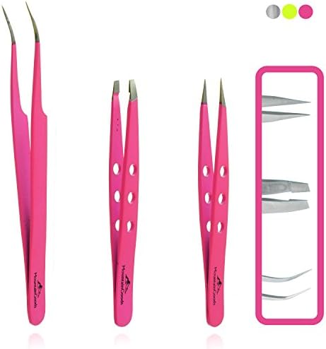 Stainless Steel Tweezers Set of 3 original MountainGoods | For Eyelashes and Eyebrows | for plucking and removing of ingrown Hairs | Long Lifespan thanks to Surgical Steel and the precise Grind | anatomical adjusted Form for an ideal Work experience | available in 3 different colours | Complete Set consisting of 3 different Tweezers