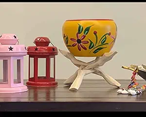 Shyam Decor Presents Compact 5 Inch Metal Yellow Flower Printed Planter Pot with Wooden Stand Yellow Colour