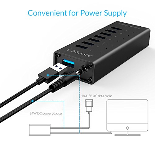 AIFFECT 7 Port USB 3.0 Super-Speed Lade Hub mit Netzteil, BC 1.2 Aufladung- Schwarz - 6