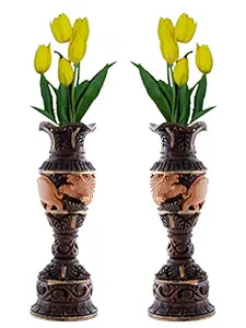 Varuna Arts Wooden Handmade Shikar Antique Flower Vase/Pot Set of 2 for Home Decoration Wooden Vase