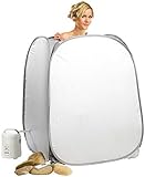 sitzsauna 1 person Mit 850 Watt Dampfgenerator (Stromversorgung: 230 V) und 1,5 Liter Volumen Steamer, Lieferumfang: Dampfbad, Steamer, Verbindungsschlauch, Fernbedienung und deutsche Anleitung; Maße: 108 x 82 cm (aufgebaut), 35 x 2,5 x 38 cm (zusammengepackt); Gewicht: ca. 2,85 kg