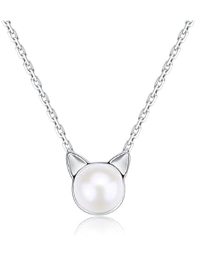 EVERU Sterlingsilber Katze Anhänger Halskette mit Süßwasser Perlen für Mädchen, Damen