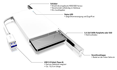 Icy Box IB-AC606-U3 Externes Gehäuse für 2,5 Zoll HDD & SSD, USB 3.0 Anschluss (UASP), werkzeuglos & integriertes USB-Kabel, weiß - 4
