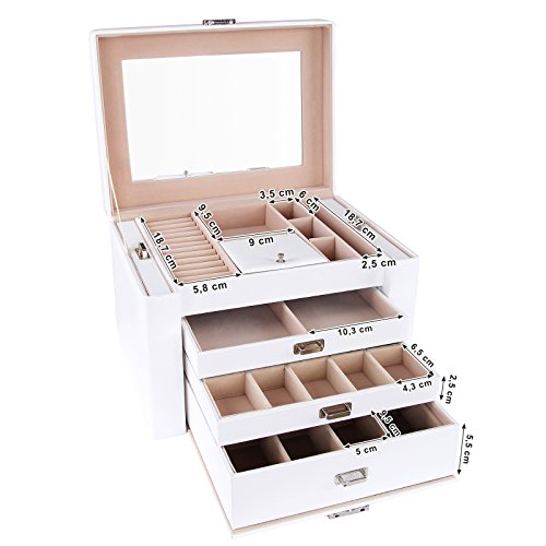 Songmics Schmuckkästchen Kosmetikkoffer mit 3 Schubladen Weiss 29,5 x 21,8 x 19,5 cm JBC04W - 7