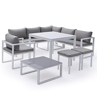 Happy Garden Salon de Jardin modulable Ibiza en Tissu Gris 7 Places - Aluminum Blanc