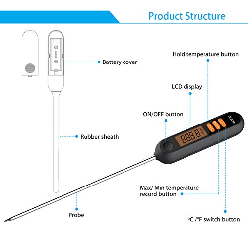 Grill thermometer Vinsic BBQ Fleischthermometer mit 5.9 inch Fühler Bratenthermometer zum Kochen Tragbar Küchenthermometer Ideal für Lebensmittel, Kochen, Fleisch, Grillen, Braten Schwarz - 2