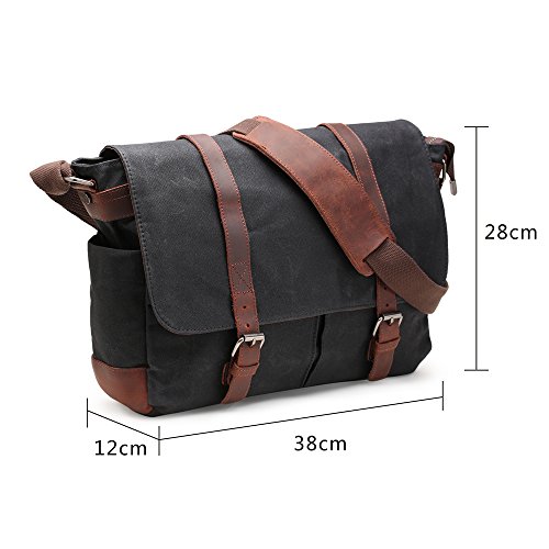 Messenger Bag H-ANDYBAG Waxed Canvas Schwarz Crossbody Arbeiten Schultertasche Passt 15 Zoll Laptop