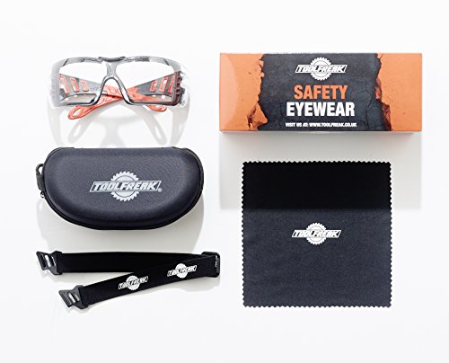 ToolFreak-Rip Out Sicherheitsbrille in sportlichem Style mit Schaumstoffpolsterung für Männer & Frauen | Augenschutz mit umlaufendem, stoßfestem Gestell und Gläsern | Mit antikratz- und antibeschlag-Beschichtung bearbeitet | Verbessert die Sicht und schützt vor UV | Abnehmbares Kopfband | Enthält Reißverschluss-Tasche und Mikrofaser-Reinigungstuch | RC - 2