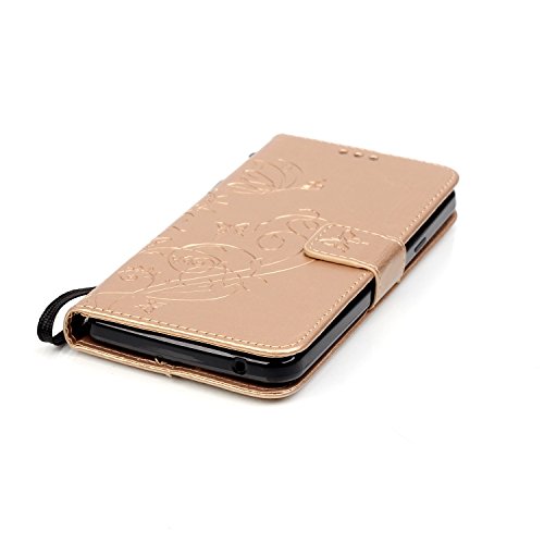 Wiko Rainbow Hülle,Wiko Rainbow 4G Ledertasche Brieftasche im BookStyle,SainCat PU Leder Wallet Case Folio Reliefprägung Schutzhülle Schmetterling Muster Hülle Braun Bumper Handytasche Skin Schale Soft Backcover Handy Tasche Flip Cover Buchstil Klapptasche in Lederoptik mit Standfunktion Karteneinschub und Magnetverschluß Etui Flip Case für Wiko Rainbow 4G (Golden) - 6