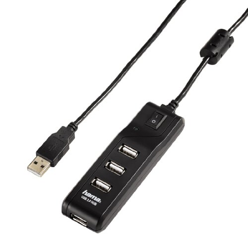 Hama 4-Port USB-2.0 Hub mit Ein-/Ausschalter, kompatibel auch mit Windows 10, schwarz/silber