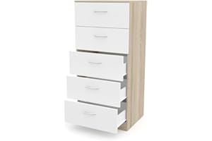DORMIDAN- Sinfonier 5 cajones guías metálicas, cómoda Dormitorio, Altura 110cm. (Roble cajones Blanco)