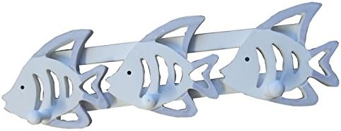 Shabby Chic White And Blue Wooden Fish Rustic 3 Pegged Coat Hook, Seaside Theme