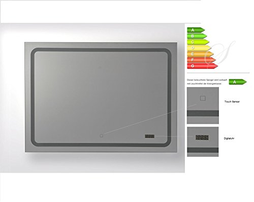 Badspiegel Wandspiegel Silber 80x60cm mit LED Beleuchtung, Digitaluhr, Touch Sensor, Energieklasse A+, Querformat, extra flach - 2