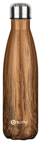 Bottly® Edelstahl Wasserflasche/Trinkflasche 500ml | Holzoptik | Thermosflasche | hält kalt & heiß