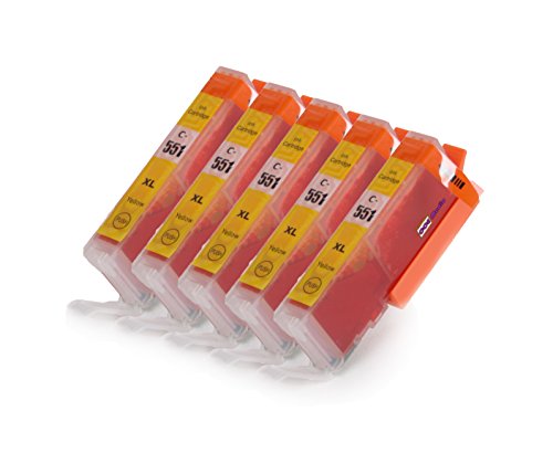 5er Set Druckerpatronen kompatibel zu Canon CLI-551Y XL / Gelb / geeignet für CANON Pixma iX6850 / iP7250 / iP8750 / MG5450 / MG5550 / MG6350 / MG6450 / MG7150 / MX725 / MX925