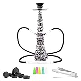 Stückzahl: 1 Set. Sie Erhalten: 2 Anschlüsse / Schläuche inkl. Mundstück, Metall Kohlenzange, Tontopf, Ascheteller, Wasserbehälter, Rauchsäule, inkl. 10 Stück Naturkohle, 5 Universal Hygienemundstück. Länge Schläuche: ca.1 m. Höhe Shisha: 45cm Lang. Farbe: Silber Schwarz.