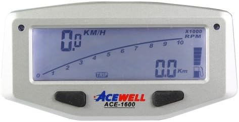 Acewell ACE - 1600 S Speedometer with RPM Meter Function for Motorbikes Temperature / Fuel Gauge / LED Gear Change Warning, Silver