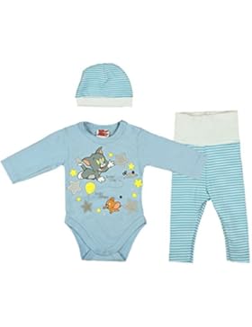 Jungen Baby-Set 3-teilig Tom und Jerry in GRÖSSE 56, 62, 68, 74, 80 blau, Baby-Schlafanzug mit Druck-Knöpfen,...