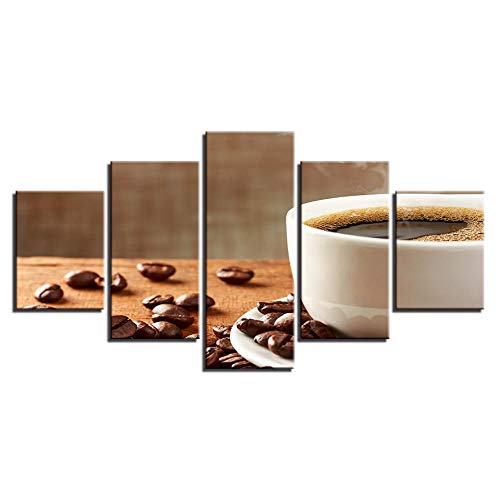 JWFJF Wandbilder 5 Stück Kaffeebohnen und Kaffee Leinwanddruck 200 X 100 cm Leinwand Art Bilder Gemälde für Wohnzimmer Schlafzimmer Küche Home Korridor Dekorationen Moderne Artwork (Rahmenlos)