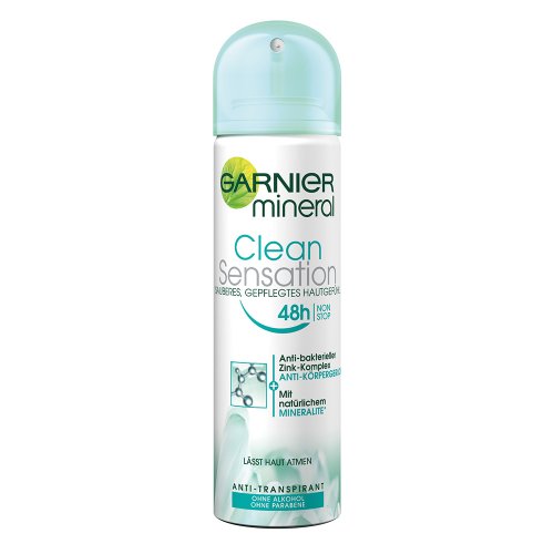 Garnier Mineral Deodorant Clean Sensation Sensitive - Deospray Frauen 48h Non-Stop Protection / angereichert mit Mineralite (dermatologisch getestetes Antitranspirant - alkoholfrei, parabenefrei) 3 x 150 ml