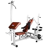 Rückenlehne 5-stufig verstellbar, Curlpult 4-stufig verstellbar, Beinpresse 4-stufig verstellbar, Hantelablage 4 fach höhenverstellbar: 90 cm bis 112 cm, Latzug ca.2m hoch, 2-stufig verstellbar, Aufnahmenbereich für Hantelscheiben je 25cm lang