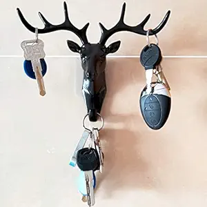 Fincher Deer Head Hanging Hook, Self Adhesive Wall Door Hook Hanger Bag Keys Sticky Holder Wall Mount (Black), Plastic, Pack of 1.