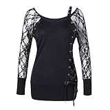 Yvelands Damen Spitze T-Shirt Bluse Tops Dame Abend Party lace up Langarm Hemd Kleidung Langarmshirts(CN-M,Schwarz)