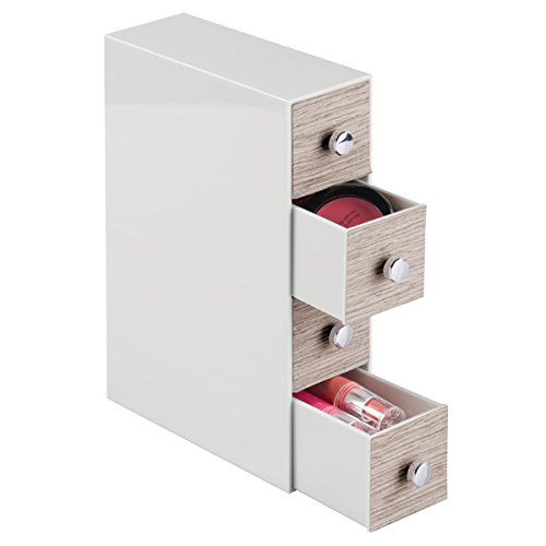 mDesign Kosmetik Organizer – Aufbewahrungsbox für Makeup und Beautyprodukte – Box mit vier Schubladen für Lippenstift, Wattepads etc. – hellgrau/graues Holz