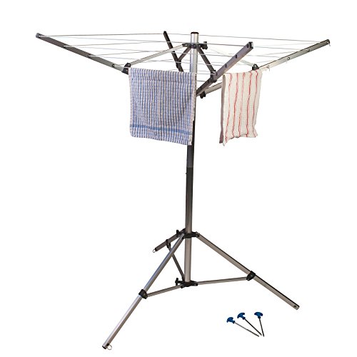 Preisvergleich Produktbild Siehe Beschreibung 4 armige Wäschespinne aus Aluminium mit Stativgestell inklusive Befestigungshaken • Stand Wäschetrockner Trockenleine Wäscheständer Camping Balkon