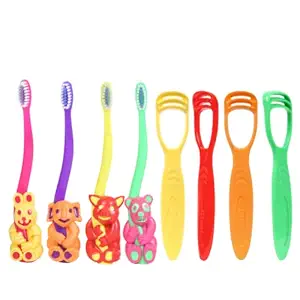 MAXI Oral Care Junior Pack of 8-(4 Kids) Bingo Junior Toothbrush & (4 TC) 1 Number Tongue Cleaner