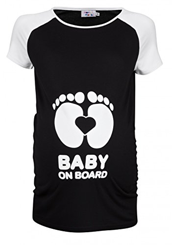 Happy Mama. Woman's Maternity Baby on Board Feet Funny Print T-shirt Top. 575p (Black & White, UK 16/18)