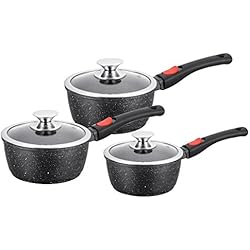 Kamberg - 0008039 - Set 3 Casseroles 16 / 18 / 20 cm - Manche Amovible - Fonte d'Aluminium - Revêtement type pierre - Couvercle en verre - Tous feux dont induction - Sans PFOA