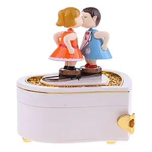 Spograde Romantic Heart Shape Kissing Doll Music Box Mechanical Wind Up Toy Xmas Gift for Girl Desktop Ornament