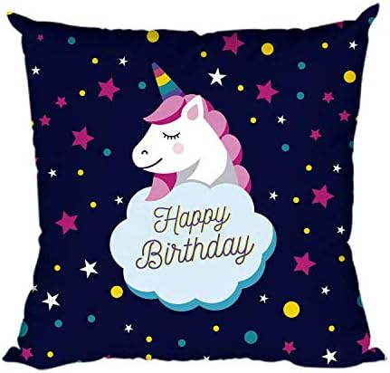 Yaya Cafe Happy Birthday with Unicorn Cotton Cushion Pillow Birthday Gifts Premium Cotton Throw Cushion Cover - 20X20 inches, Blue