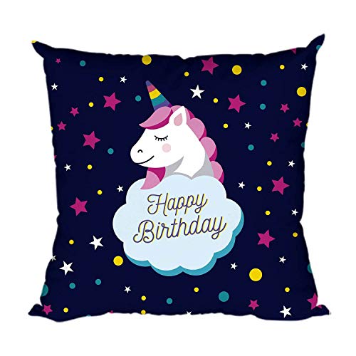 Yaya Cafe Happy Birthday with Unicorn Cotton Cushion Pillow Birthday Gifts Premium Cotton Throw Cushion Cover - 20X20 inches, Blue