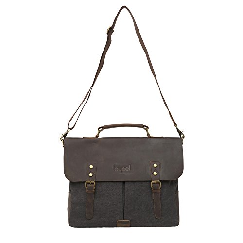 bupell Umhängetasche für Laptop und Akten aus echtem Büffel-Leder und Canvas – Für Notebooks bis 14″ – Unisex Vintage Messenger Bag, Aktentasche, Schultertasche, Notebooktasche – - 7