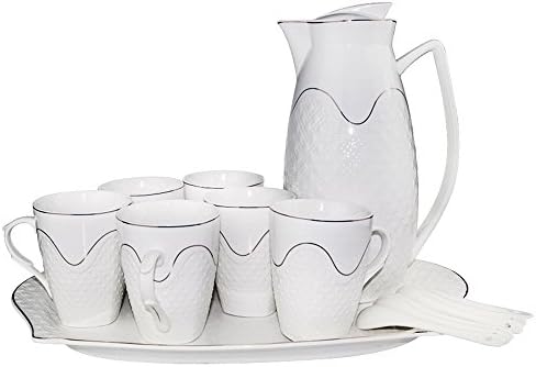Bone China Ceramic Embossment Coffee Set Tea Service Tea Set with Teapot 8-Piece, White